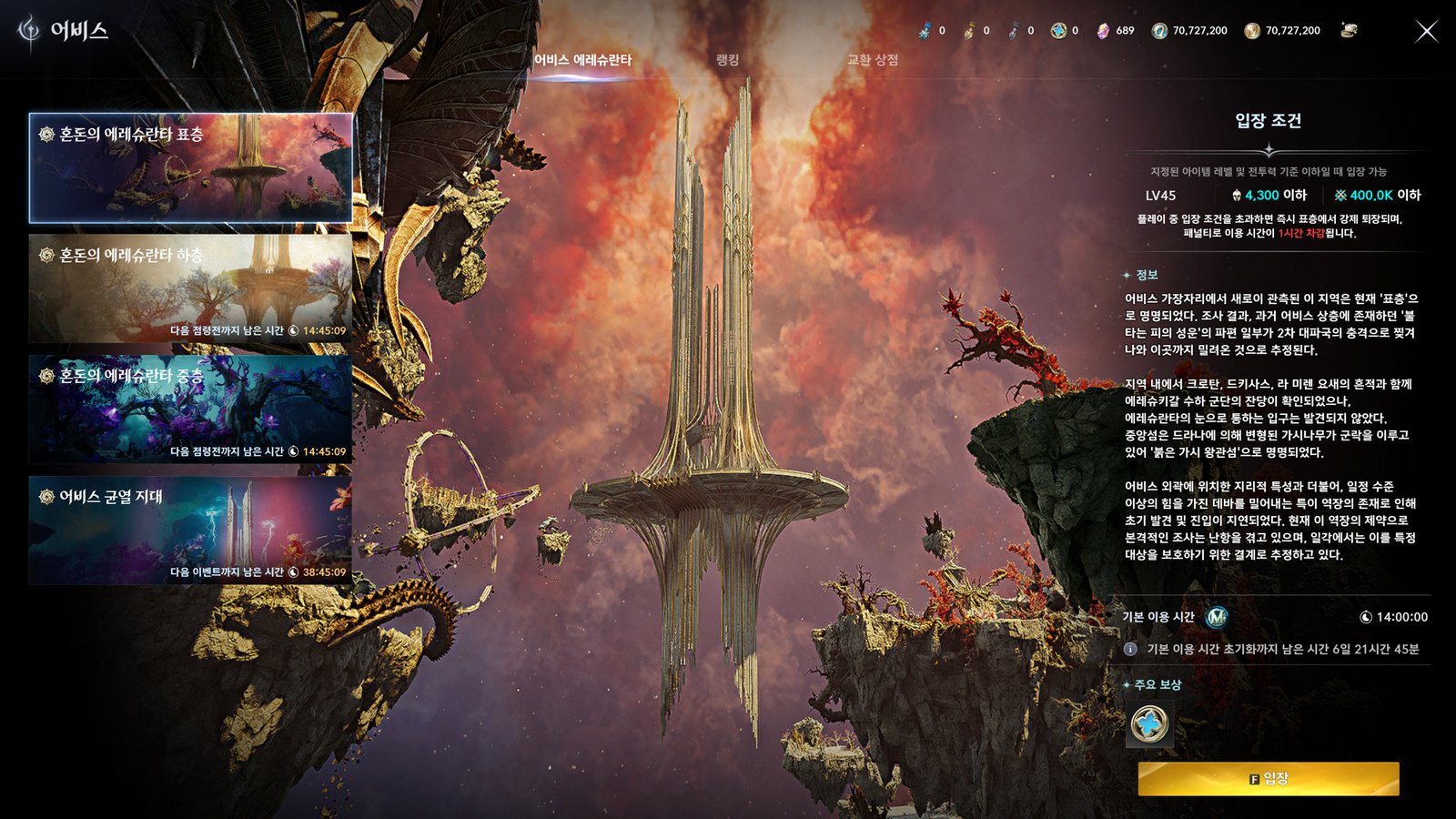The Abyss entry screen with Chaotic Upper Reshanta selected, showing its item level and combat power entry limits, in Korean