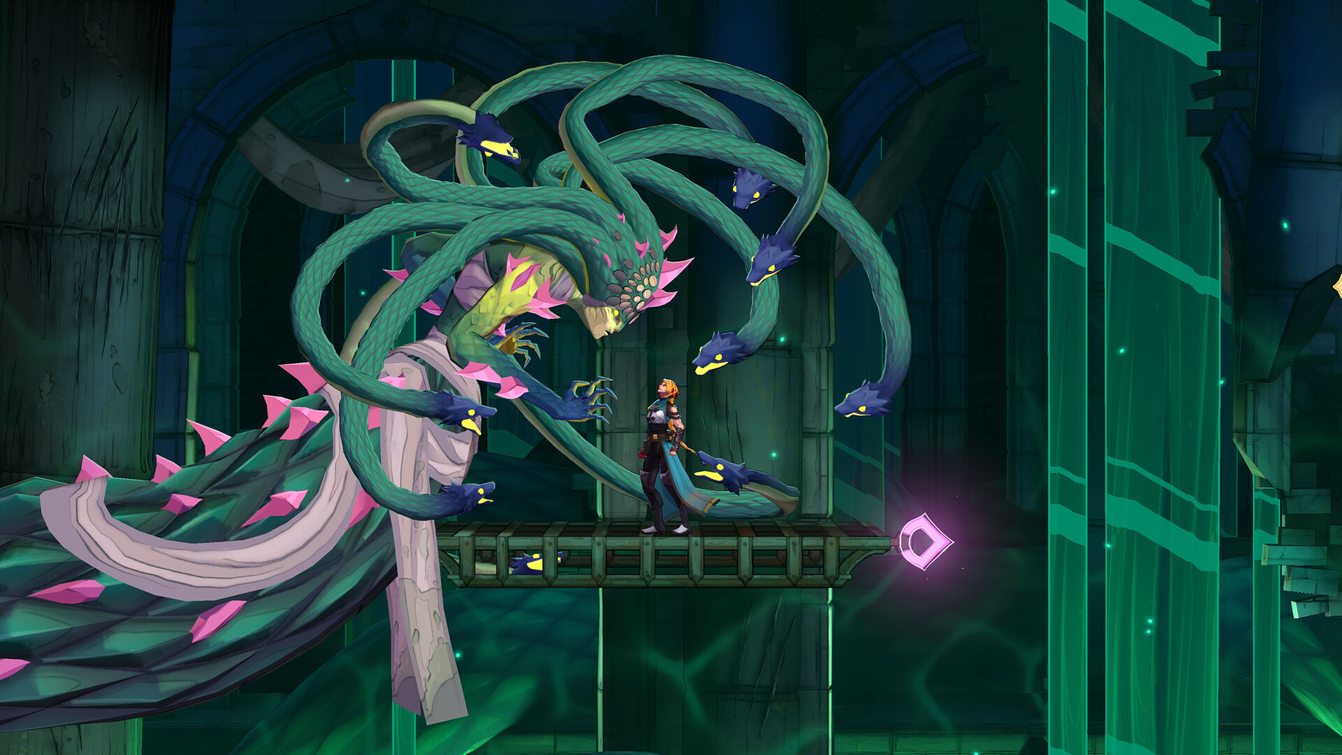 Rose stands on a narrow bridge before a huge green many-headed serpent creature in a teal-lit hall