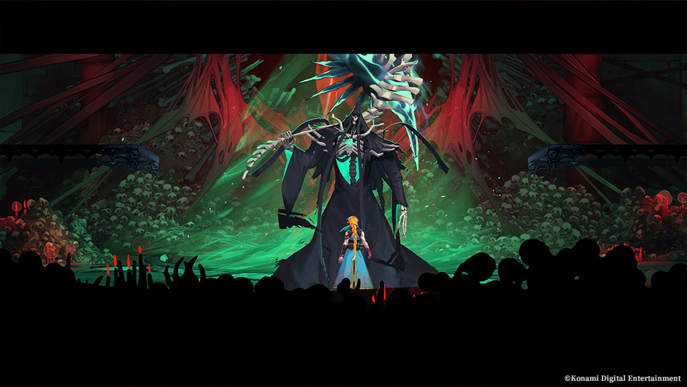 Death towers over Rose with a glowing scythe in a skull-lined chamber.