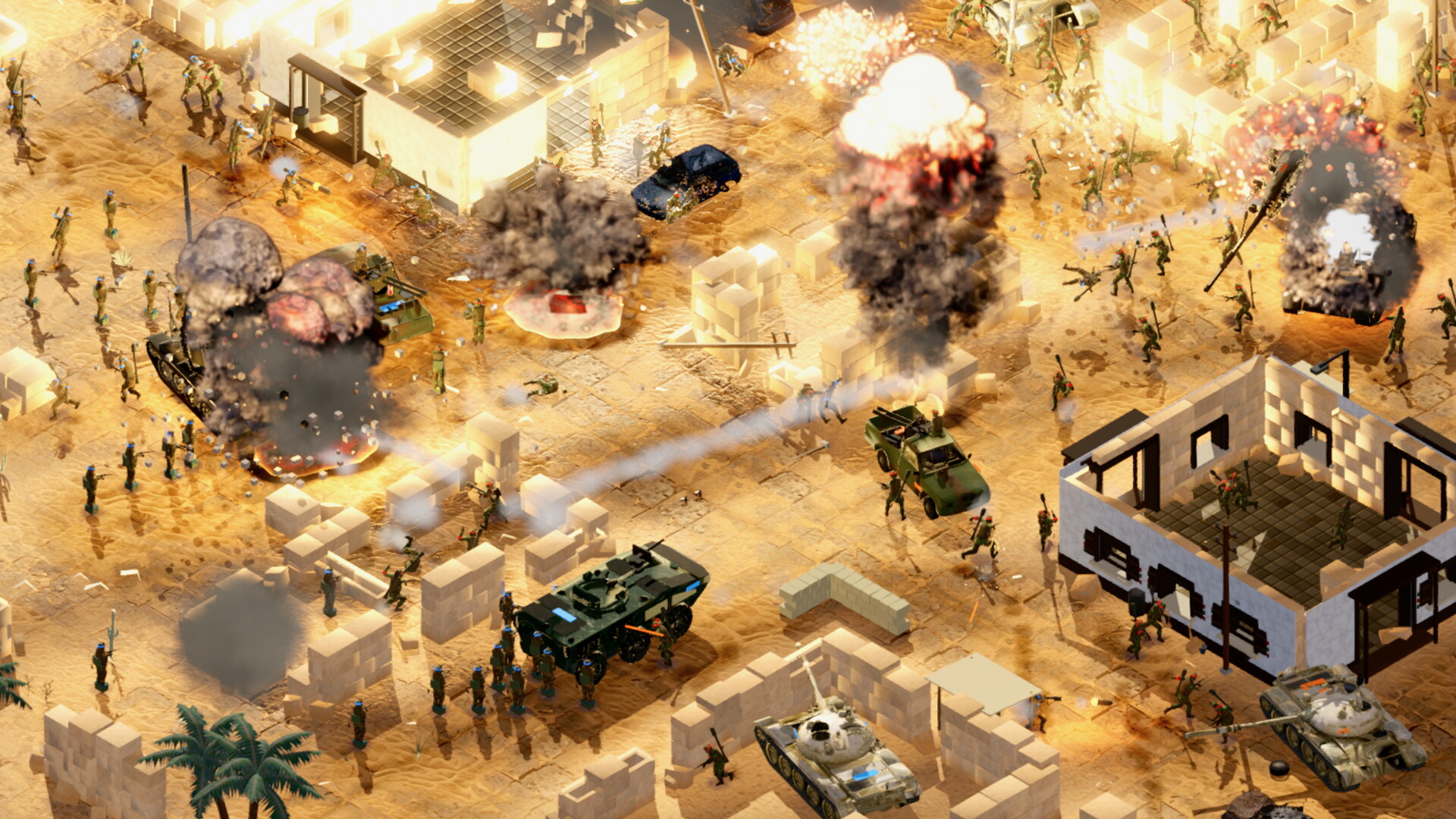 Infantry and armored vehicles exchange fire among low walls, damaged buildings and explosions in a desert settlement.