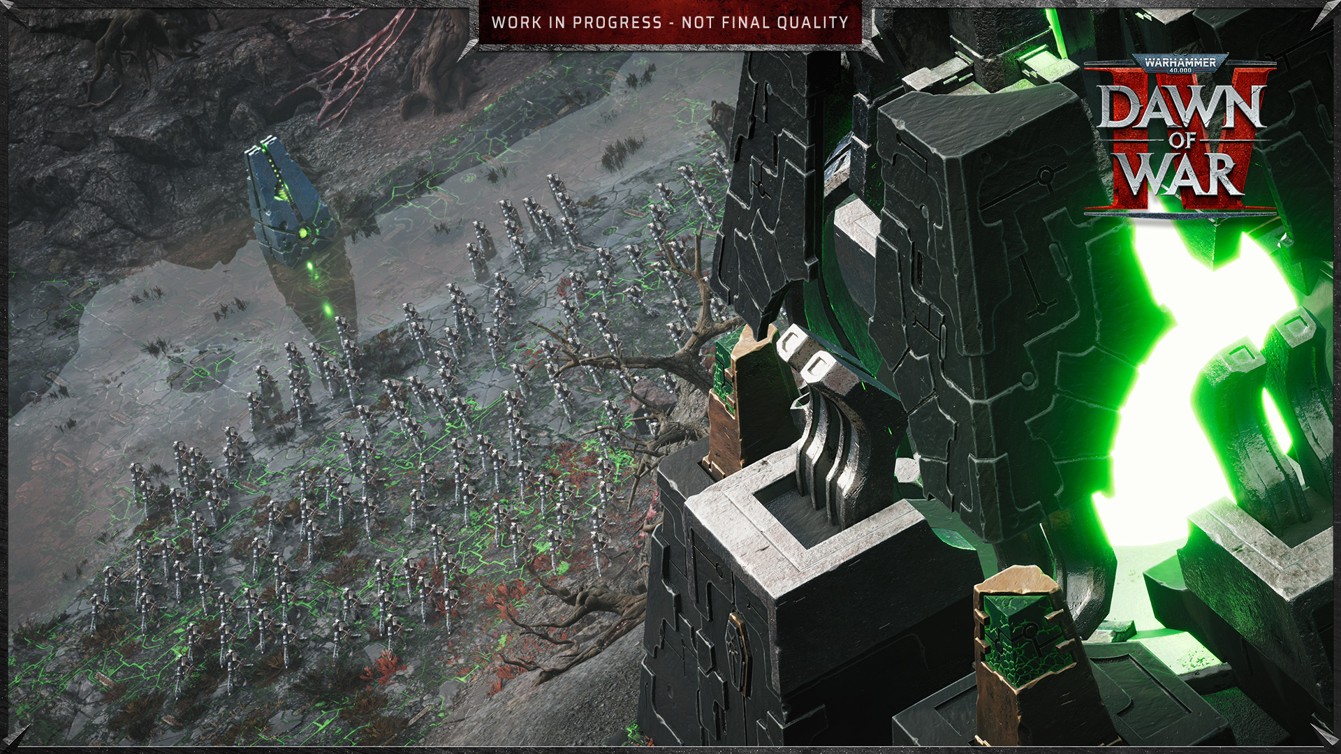 A massed Necron phalanx marching past a towering tomb structure that is firing a green beam in Warhammer 40,000: Dawn of War IV