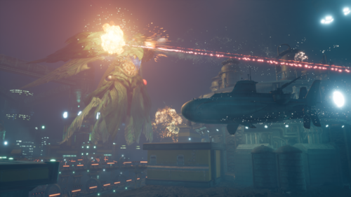 A Weapon fires an energy beam through the air above a lit-up cityscape at night in Final Fantasy VII Revelation