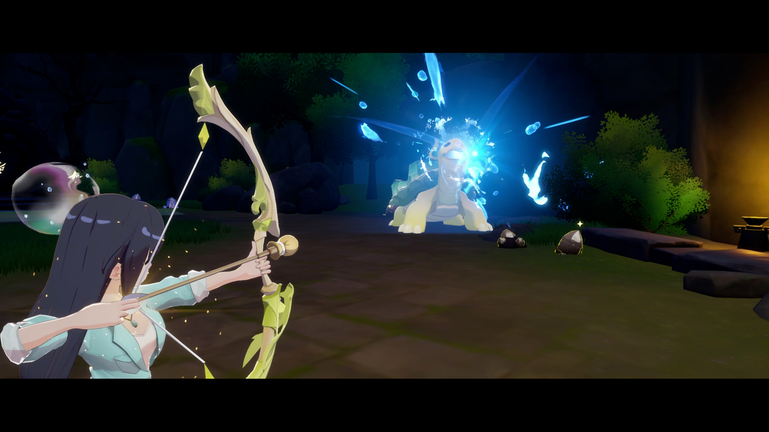 Bow combat against a Glintortle boss in the Moonlit Forest