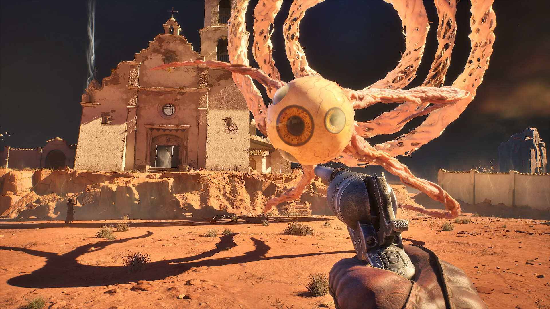 A revolver aimed at a floating, many-eyed creature outside a desert church.