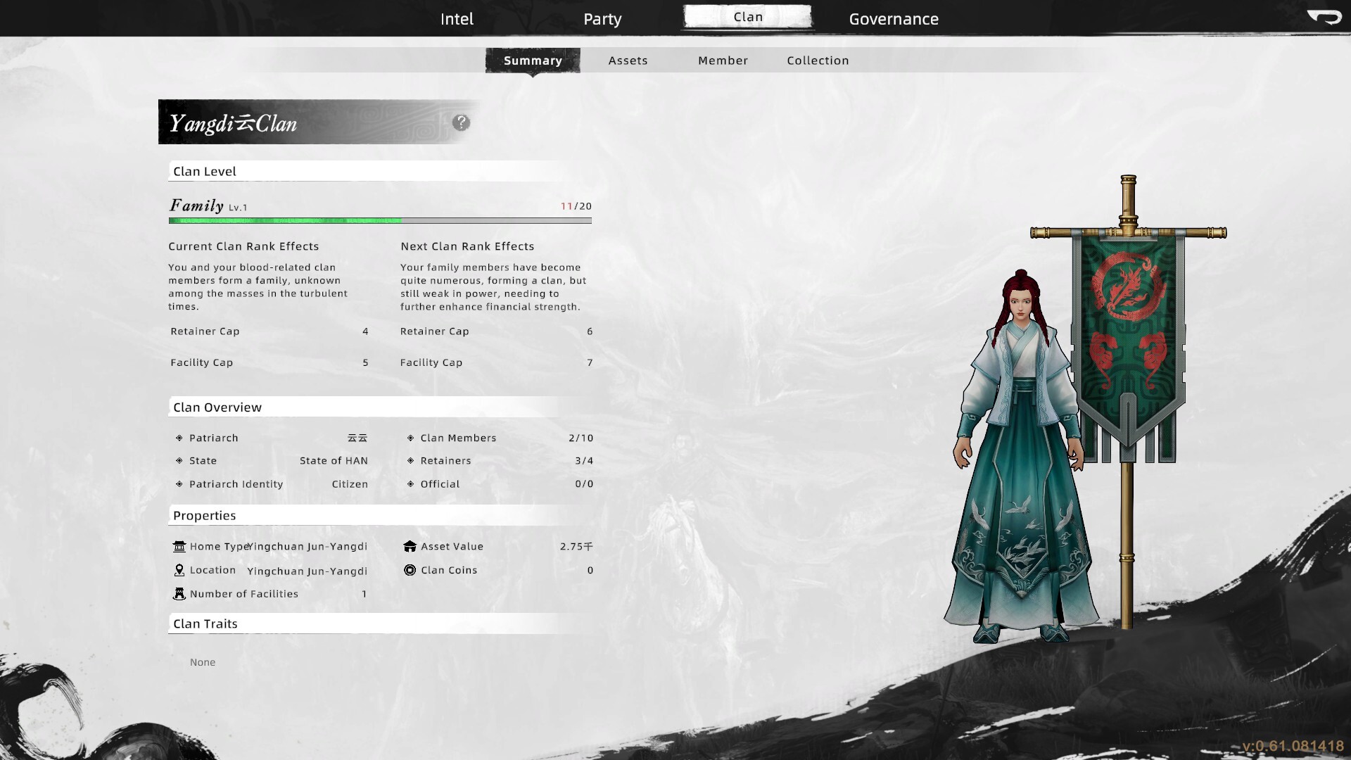 Clan summary screen at the opening Family rank, showing the current and next rank effects with their retainer and facility caps, the clan overview, the clan's properties, and the clan banner.