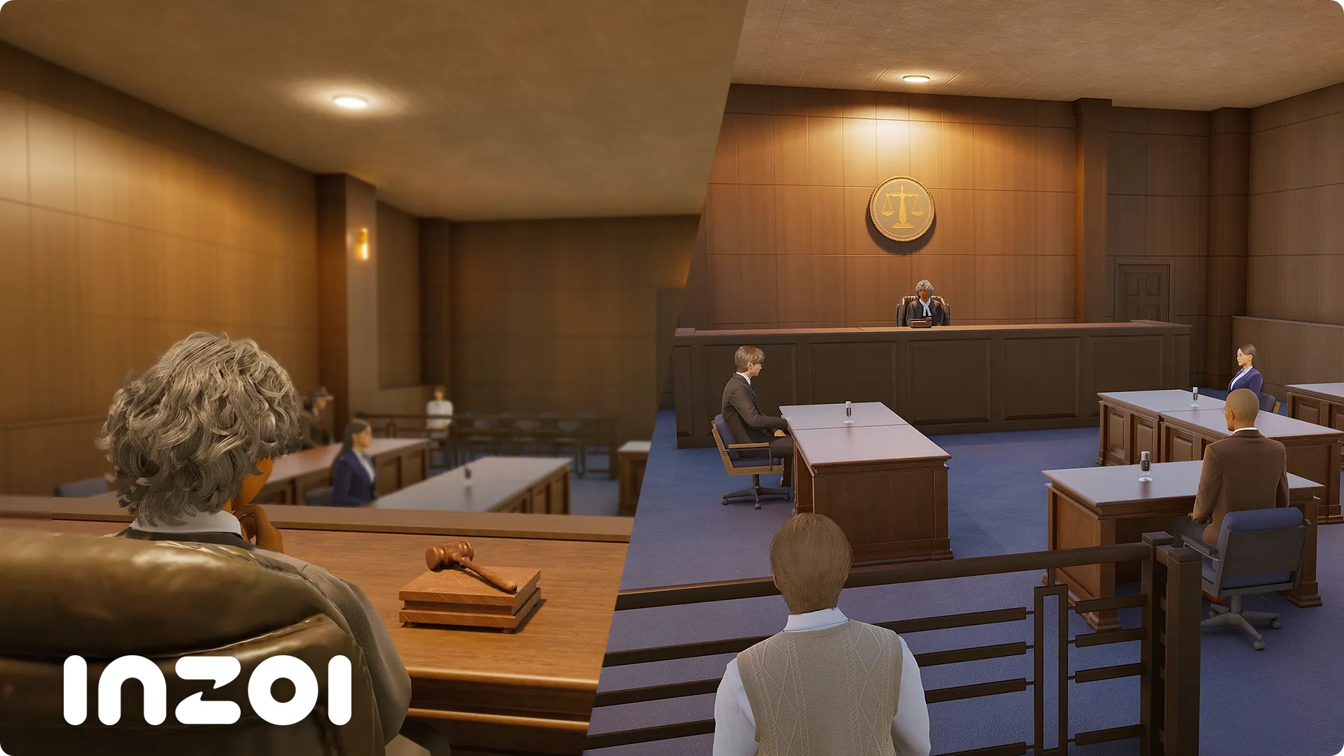 Courtroom trial proceedings showing legal consequences in inZOI