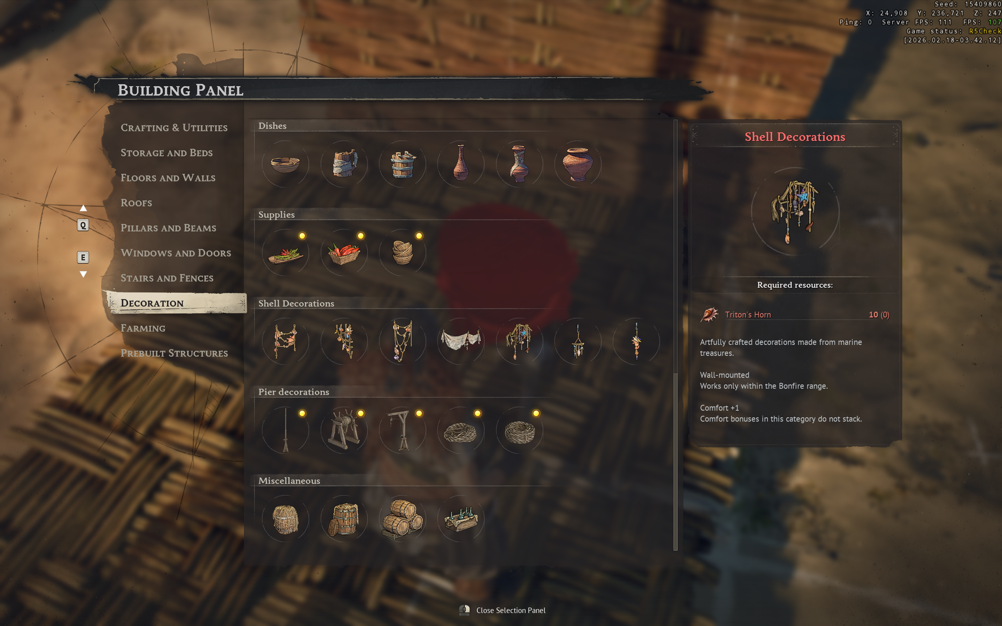 Decorated pirate settlement with furniture and decorations in Windrose