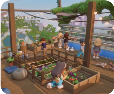 Players tending raised crop beds at a community farm.