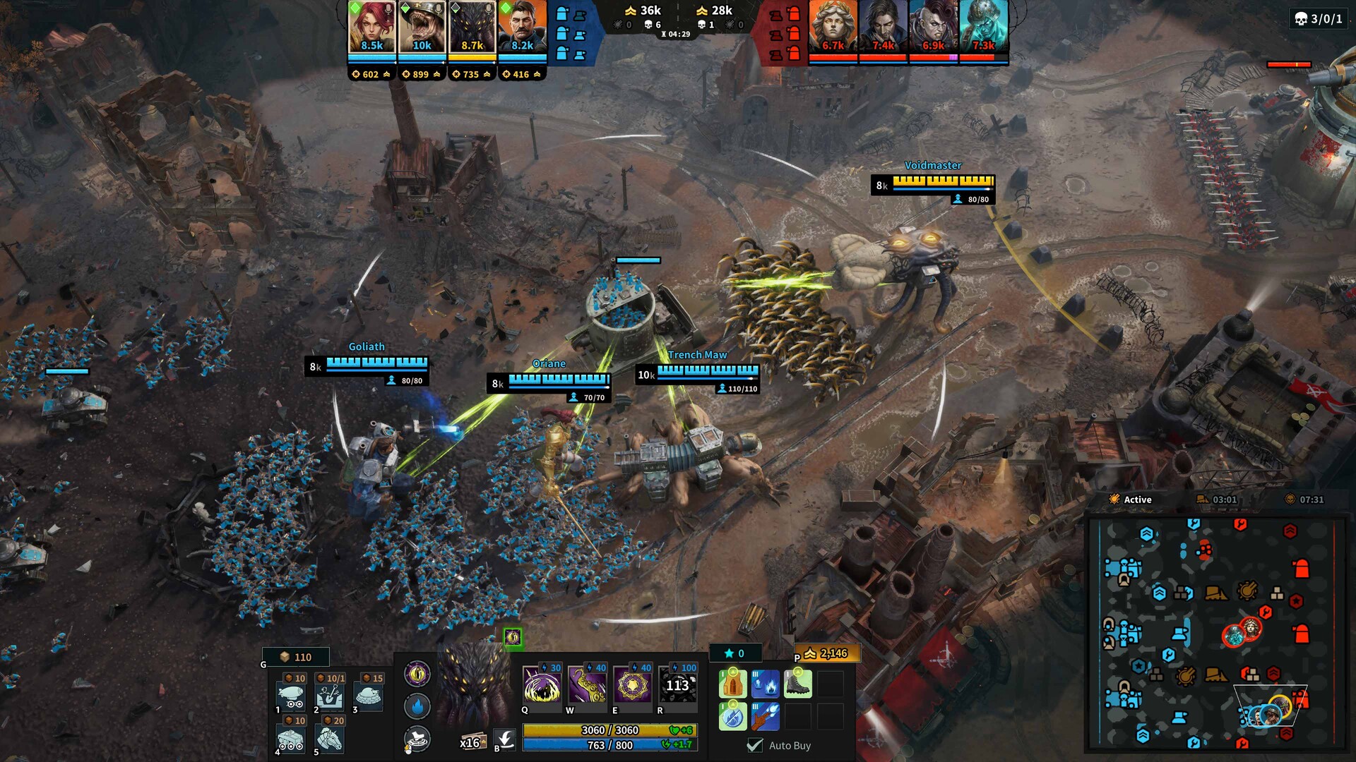 Goliath, Oriane, Trench Maw, and Voidmaster gather with a large army of soldiers