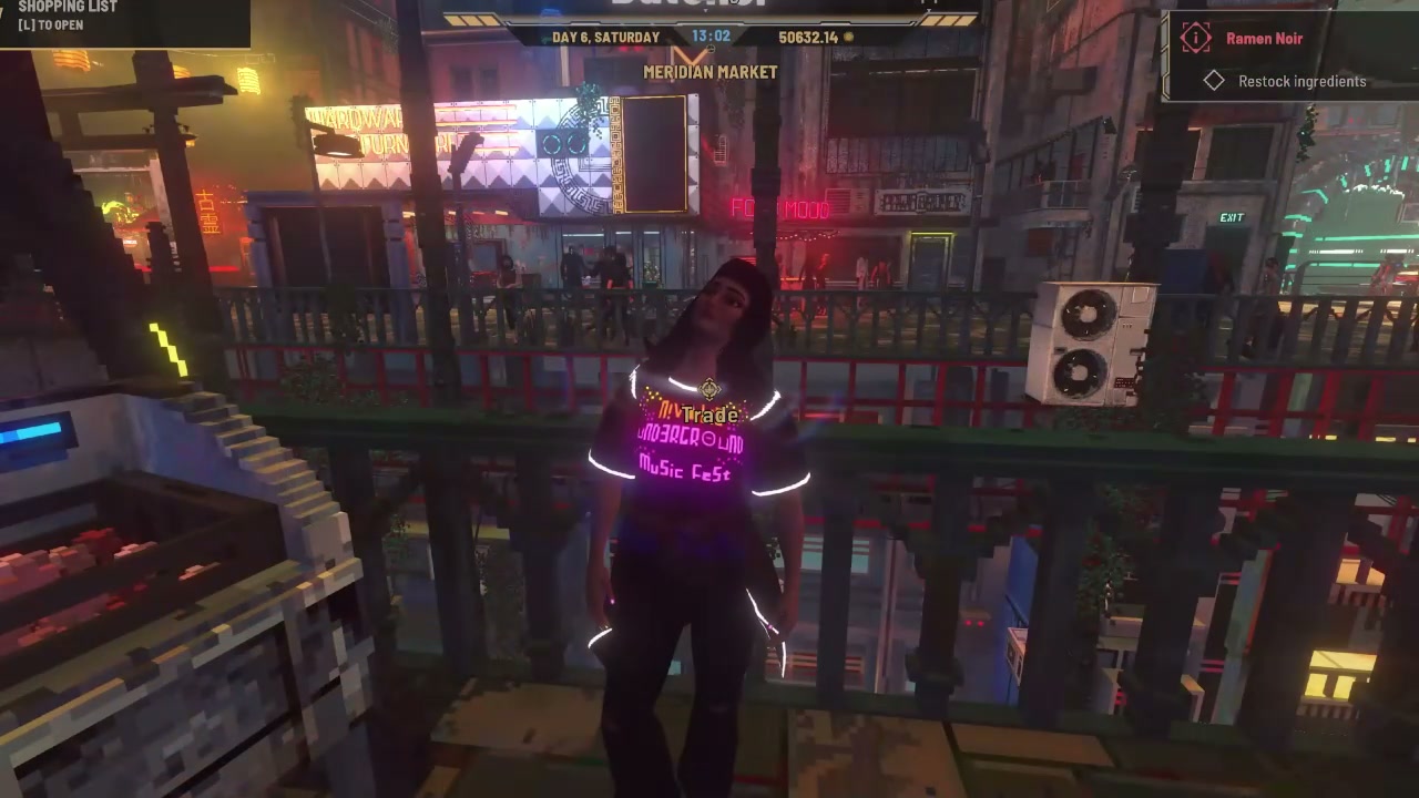 The in-game HUD from the official gameplay video, showing Day 6 Saturday at 13:02, the player balance, the Meridian Market location banner and the Ramen Noir task panel