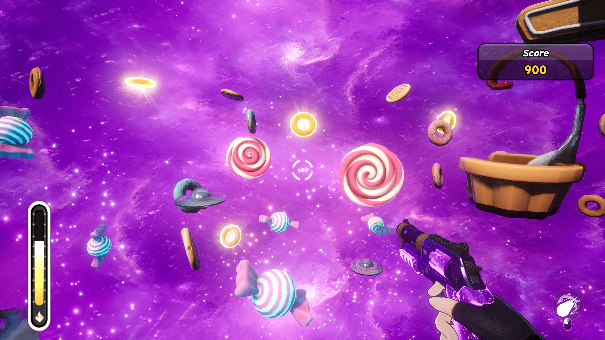 First-person candy targets and a Firepower gauge in Pixies Waltz.