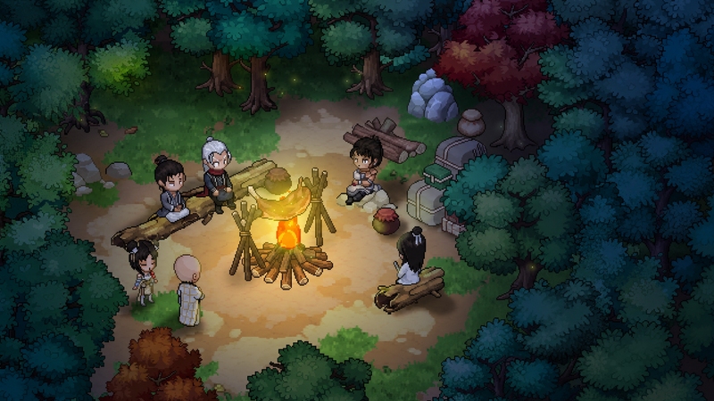A pixel-art campfire scene in a forest clearing at night, with the party seated on logs around the fire while food roasts on a spit