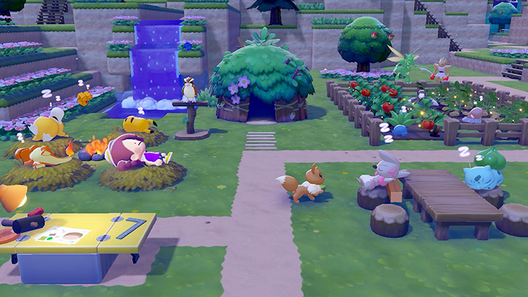 A peaceful nighttime settlement with Pokemon sleeping in cozy habitats surrounded by flowers and lanterns