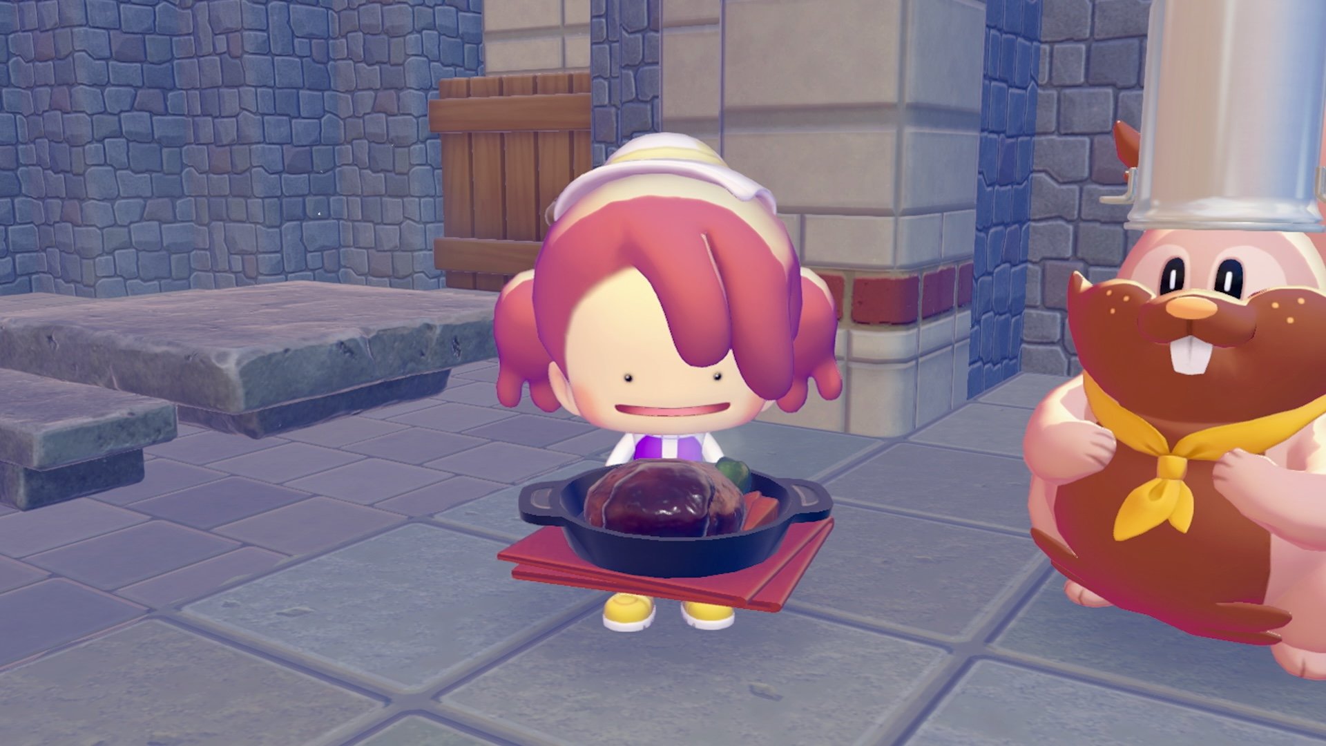 Player presenting a completed hamburger steak dish in a frying pan alongside Chef Dente the Greedent