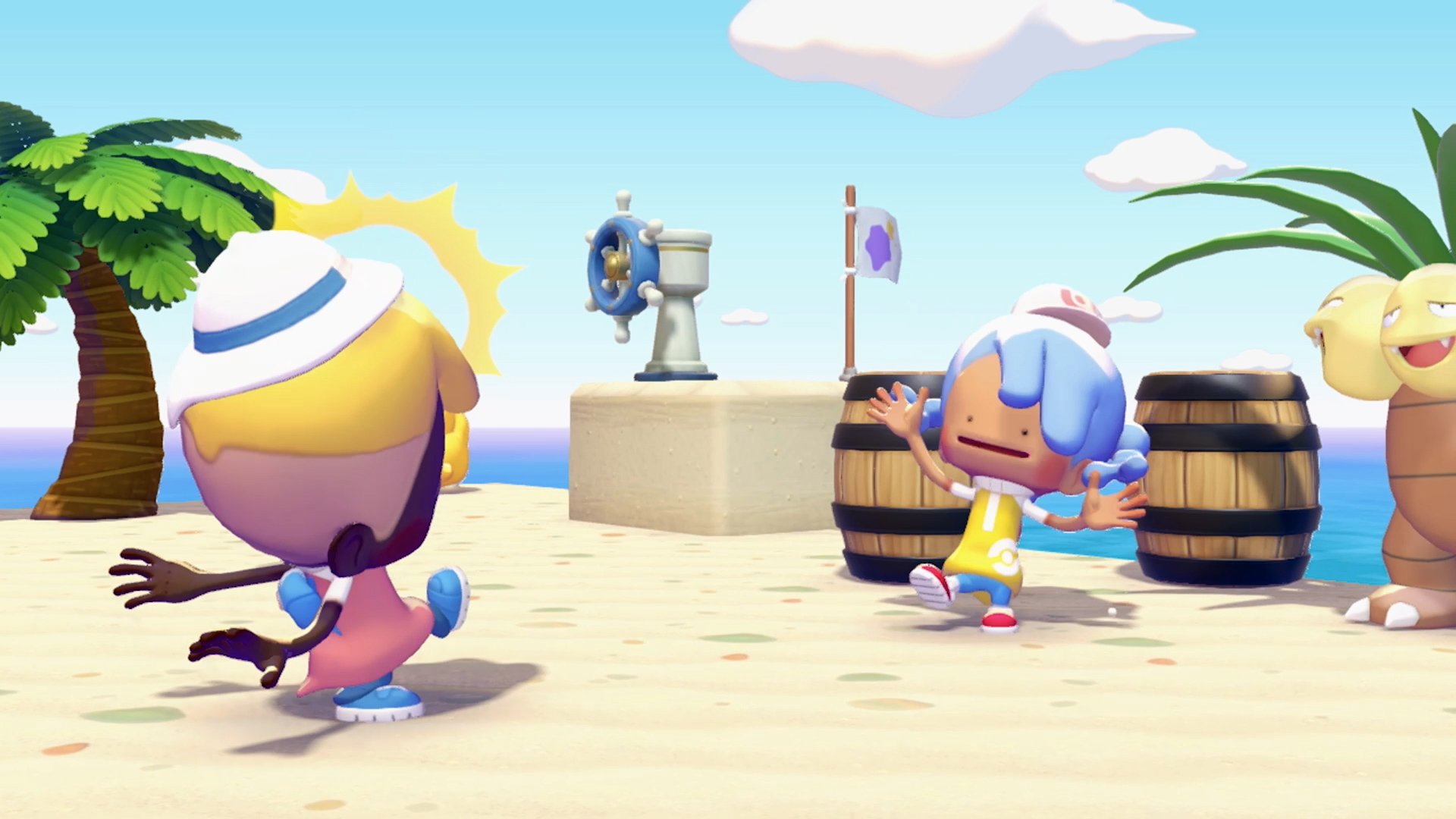 Two players meeting at a dock with a Dragonite visible and sunny weather at the port area