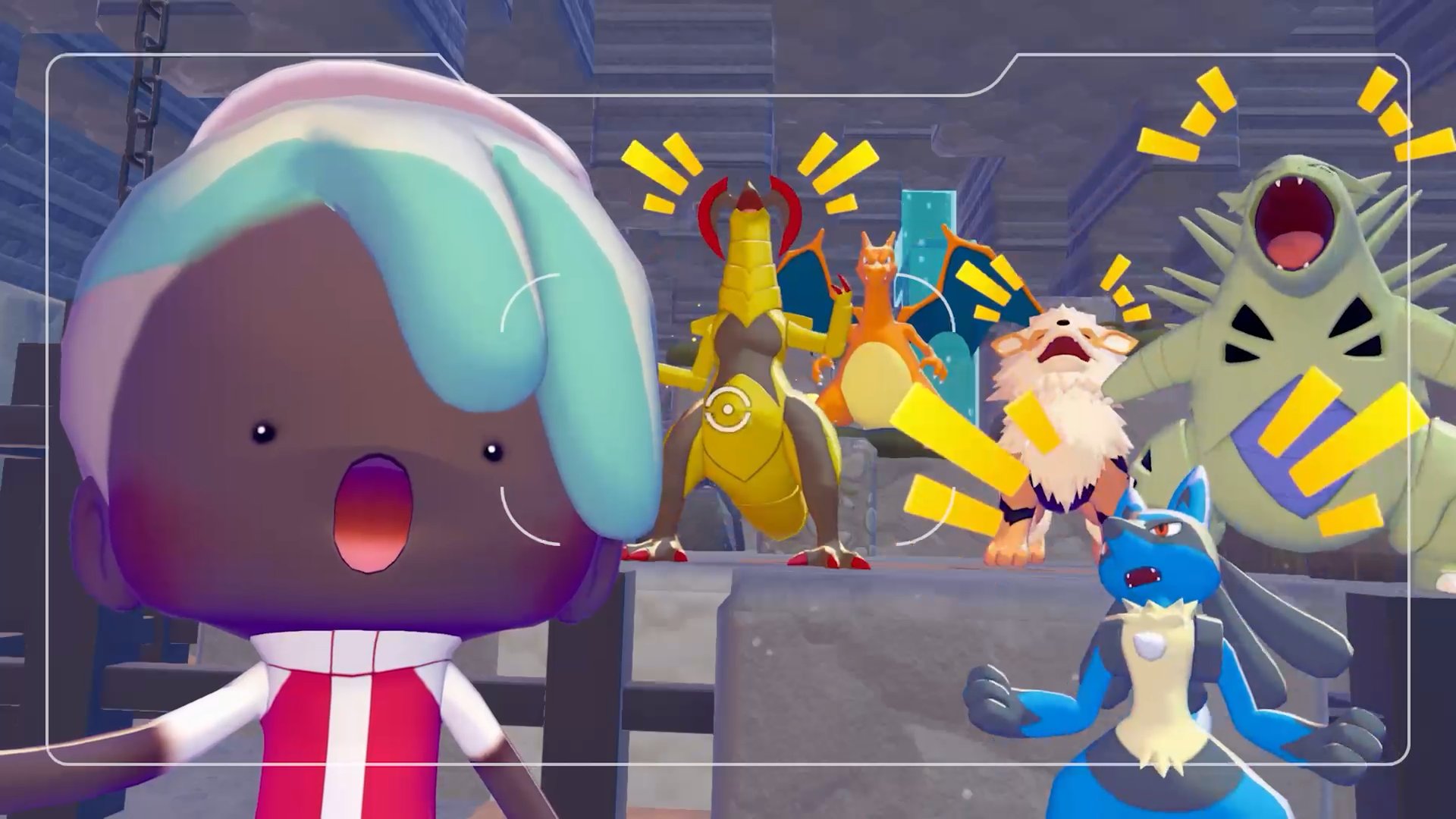 A player taking a photo mode selfie with their Pokemon companion in front of a scenic backdrop