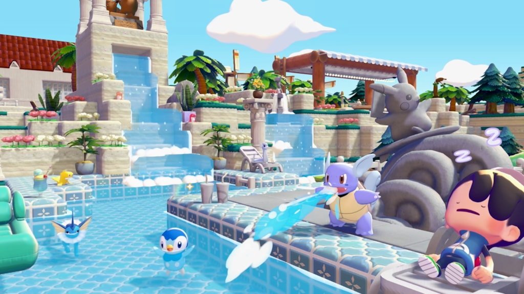 Beautiful water area with Vaporeon, Piplup, and Wartortle swimming near cascading waterfalls with a Lapras statue in Sparkling Skylands
