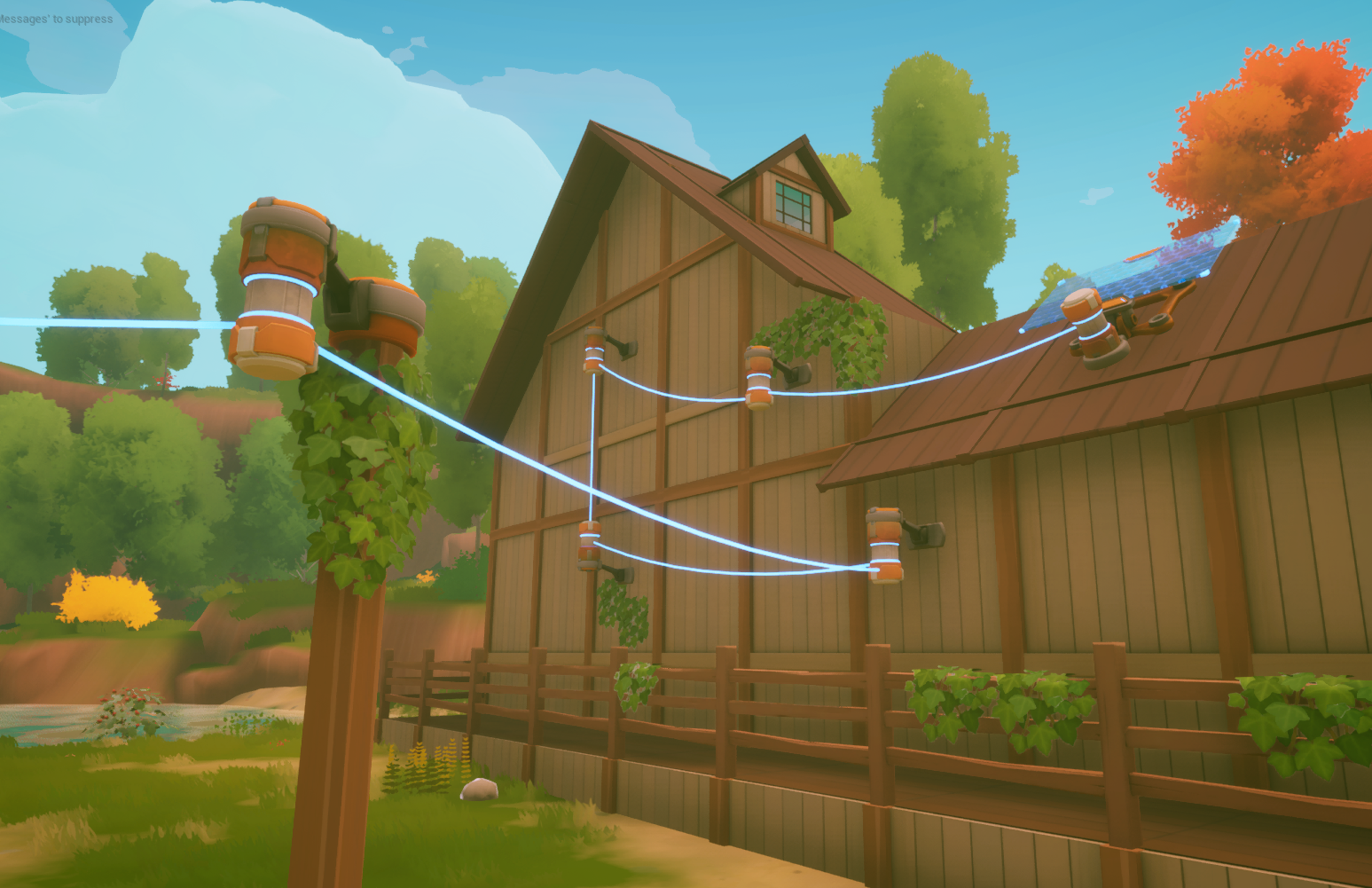 Glowing power cables pass through holders attached to a wooden house and pillar in Solarpunk, with a solar panel on the sloped roof