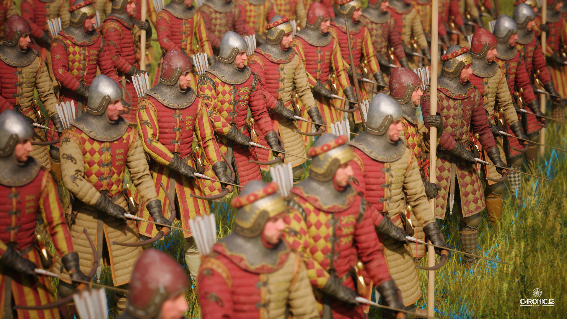 Ranks of English archers in red and gold quilted gambesons stand shoulder to shoulder with bows lowered and arrows tucked at their belts