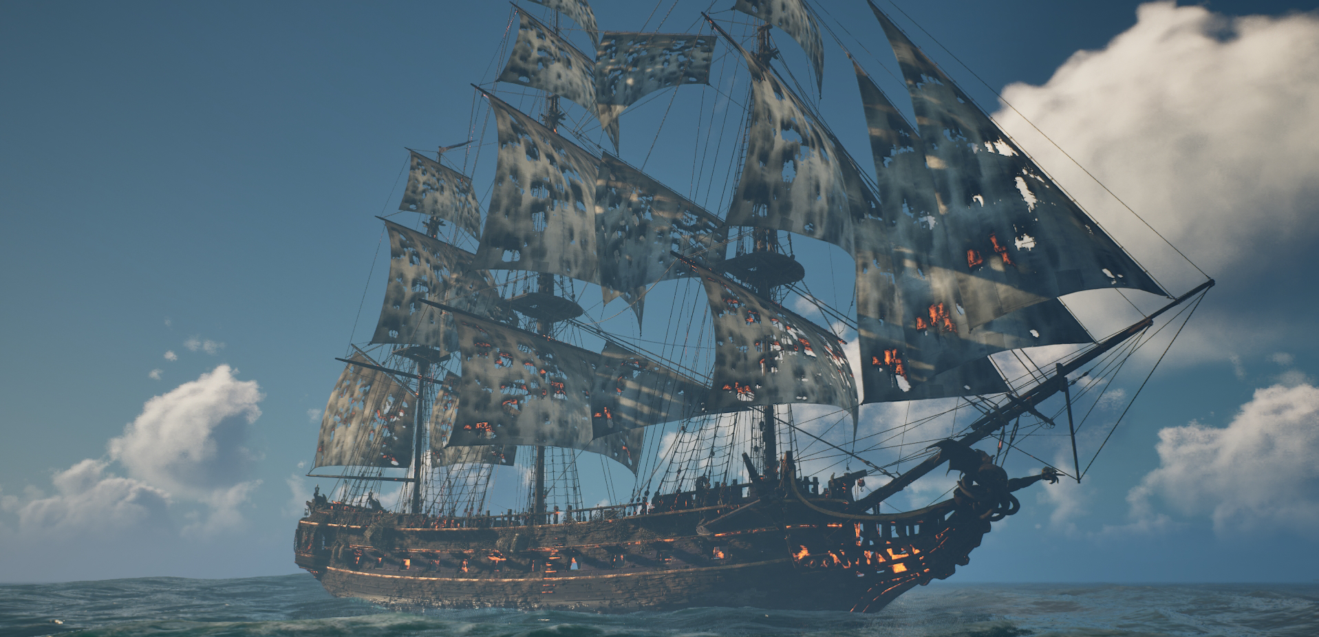 Work-in-progress ship damage effects: a galleon under sail with shredded, burning canvas and fires along the deck