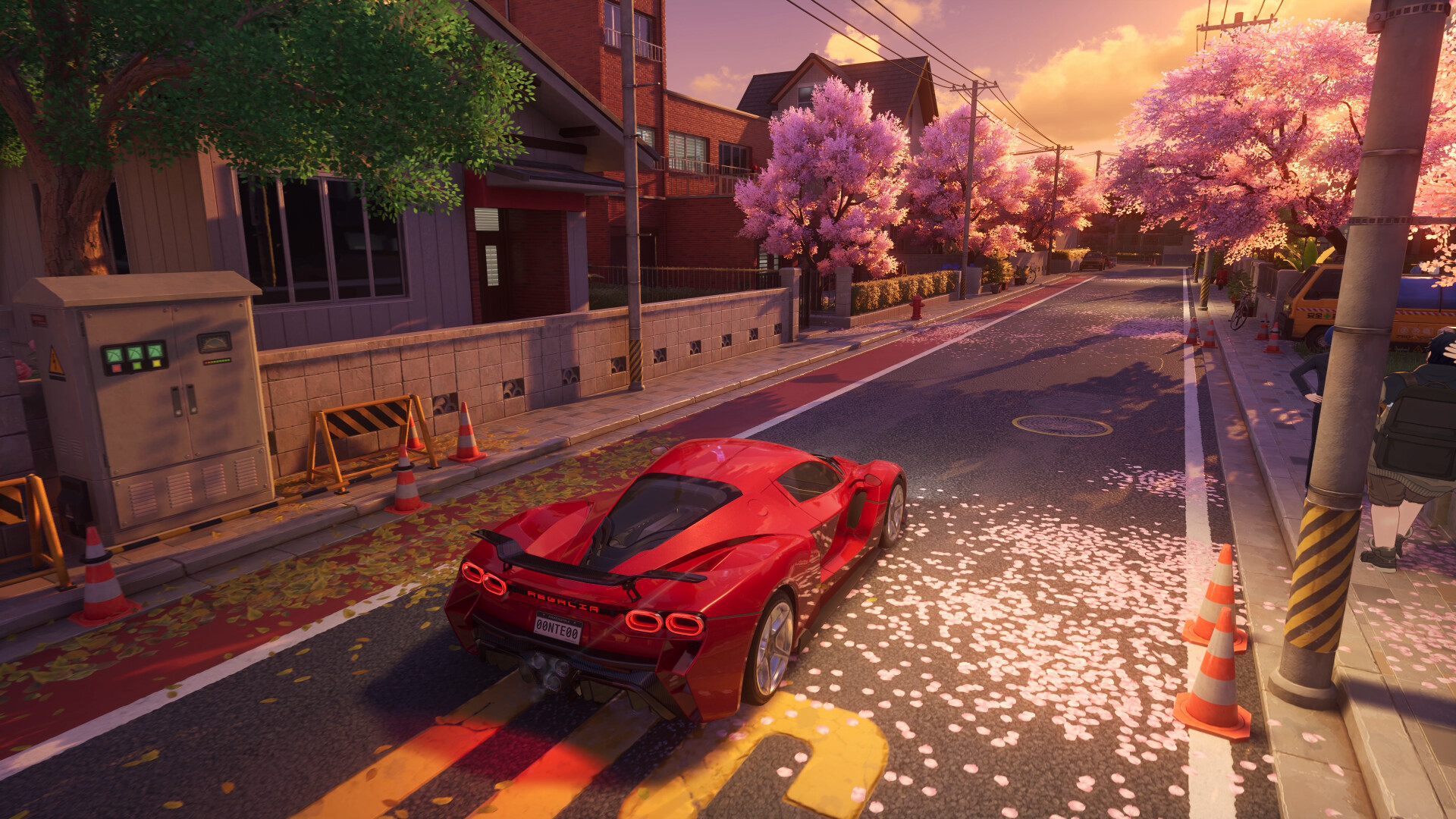 A red sports car parked on a cherry-blossom-lined street at sunset in Hethereau