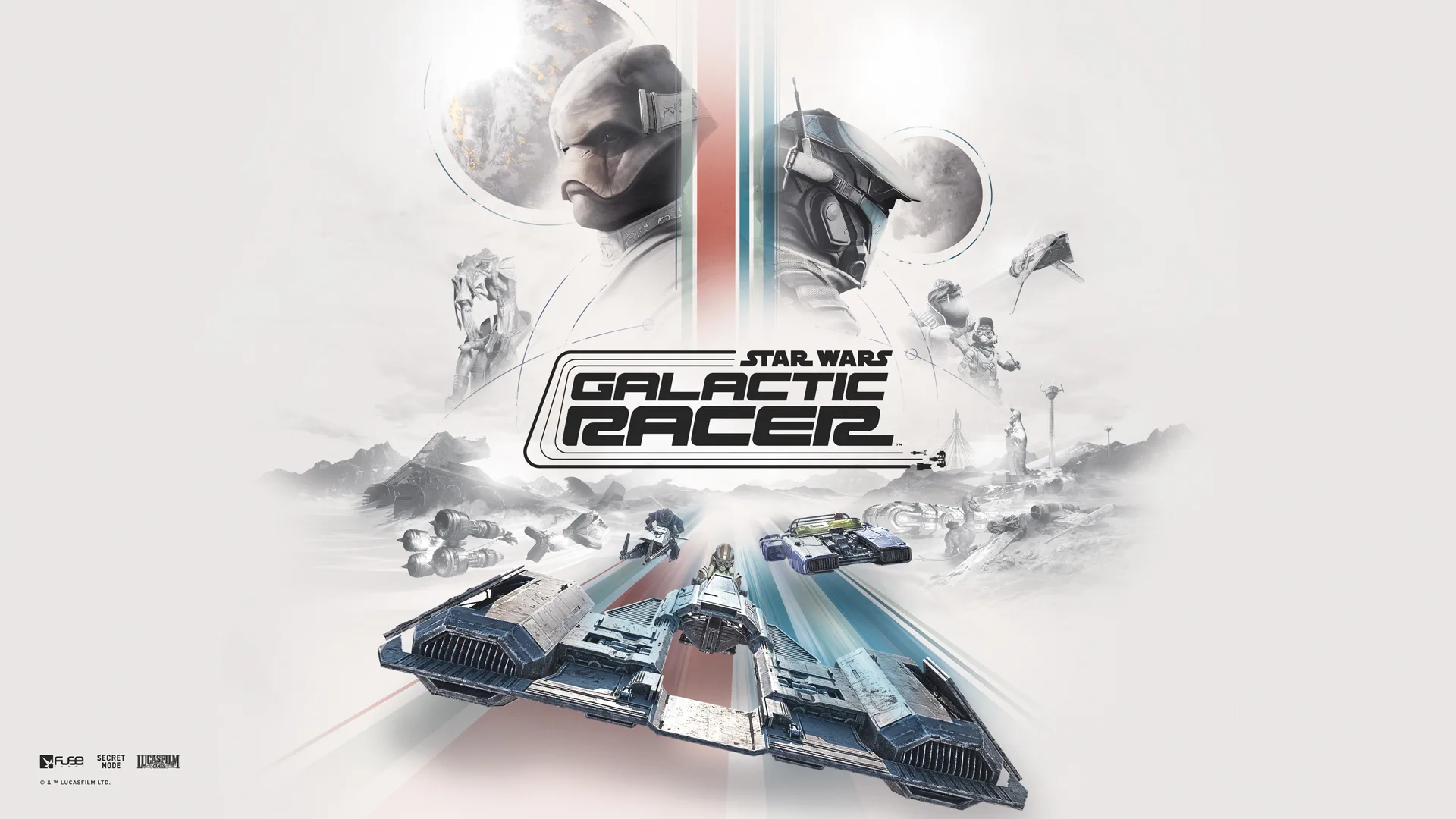 Official key art with Kestar Bool and Shade above the game logo and a landspeeder leading other racers