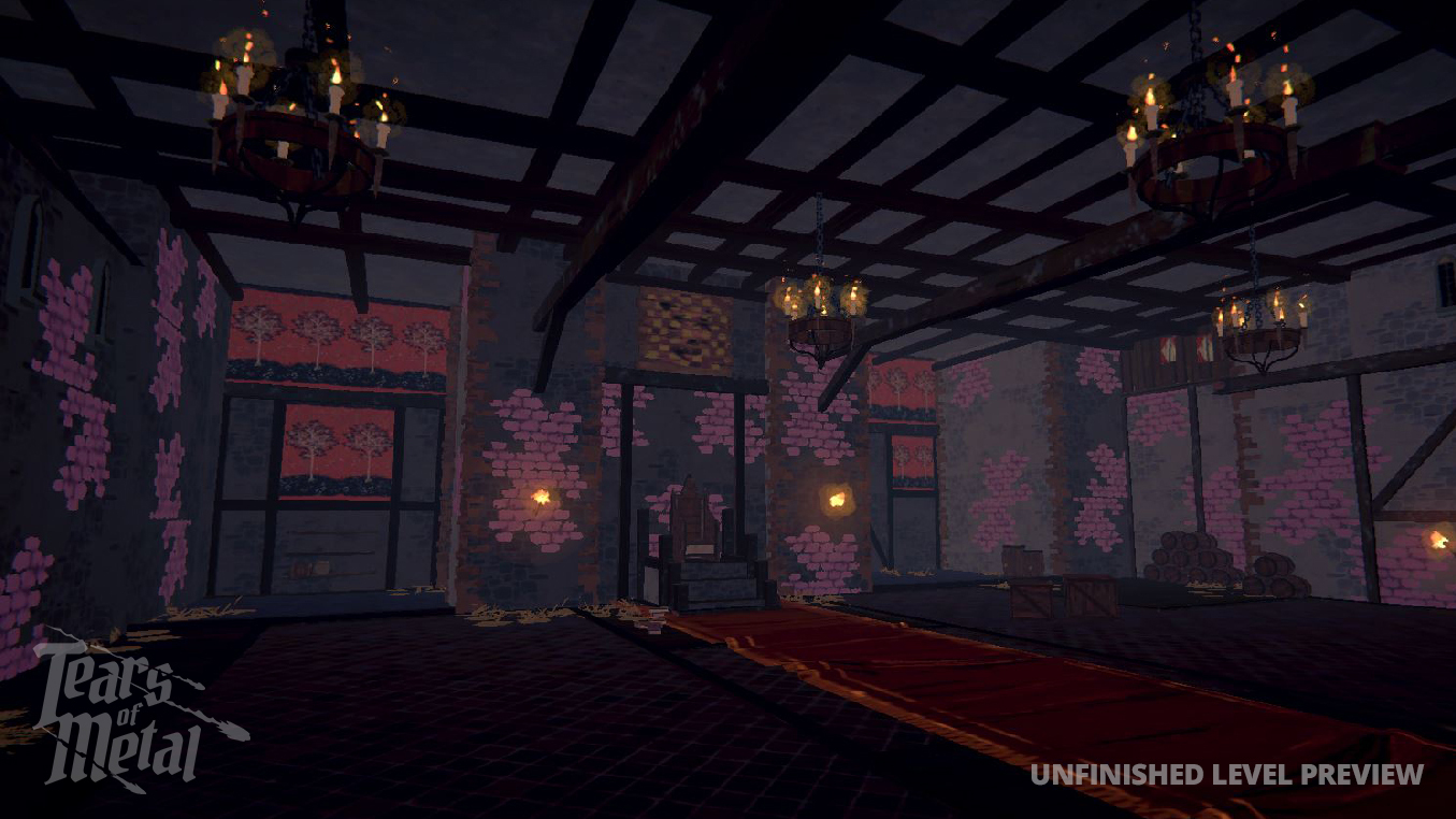 An unfinished level preview from the September 2026 progress update: a candlelit great hall with a red carpet leading to a wooden throne