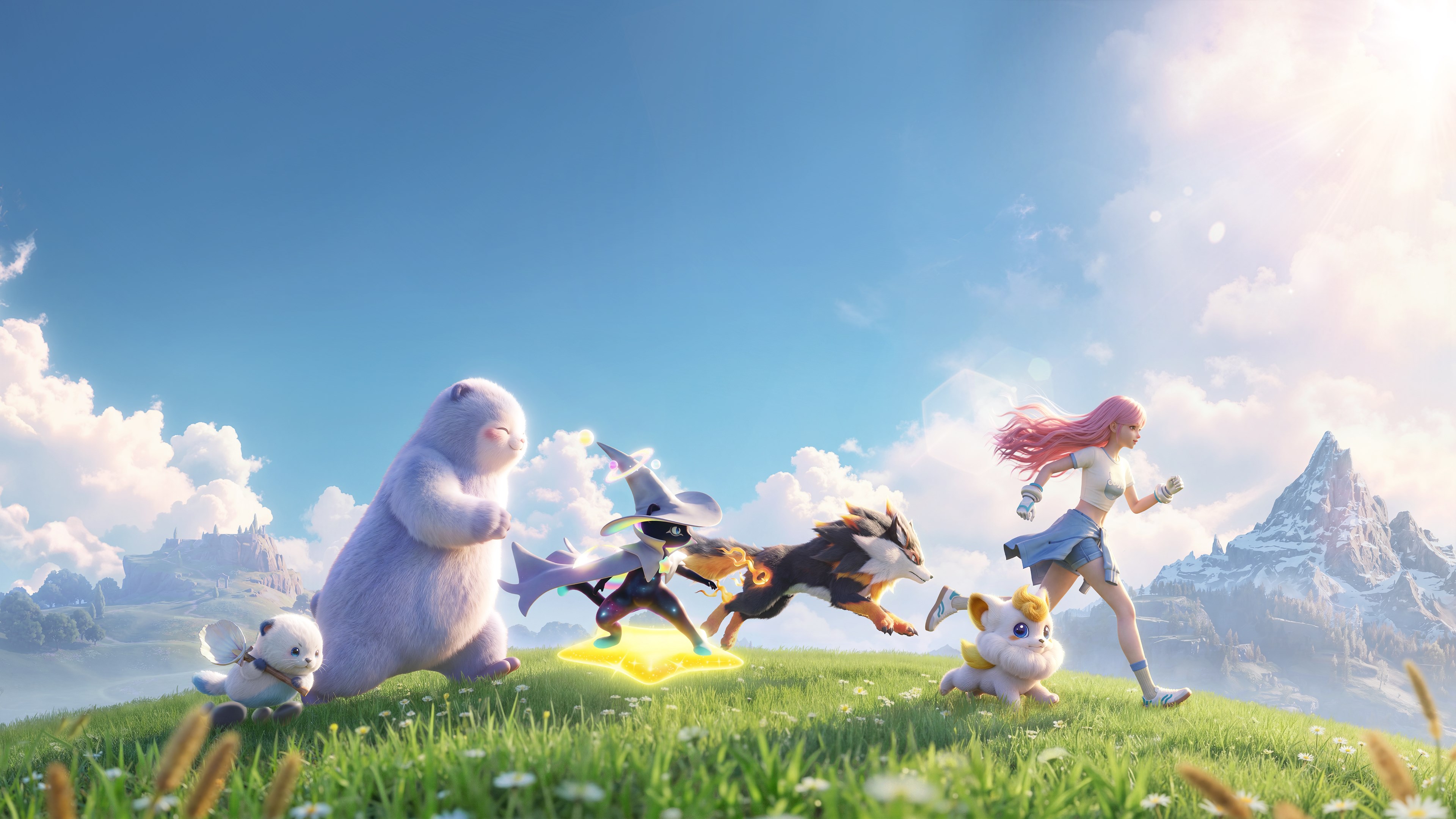 Launch key art of a Pathfinder running across a sunlit meadow alongside a group of Aniimo companions, with snow-capped peaks behind them