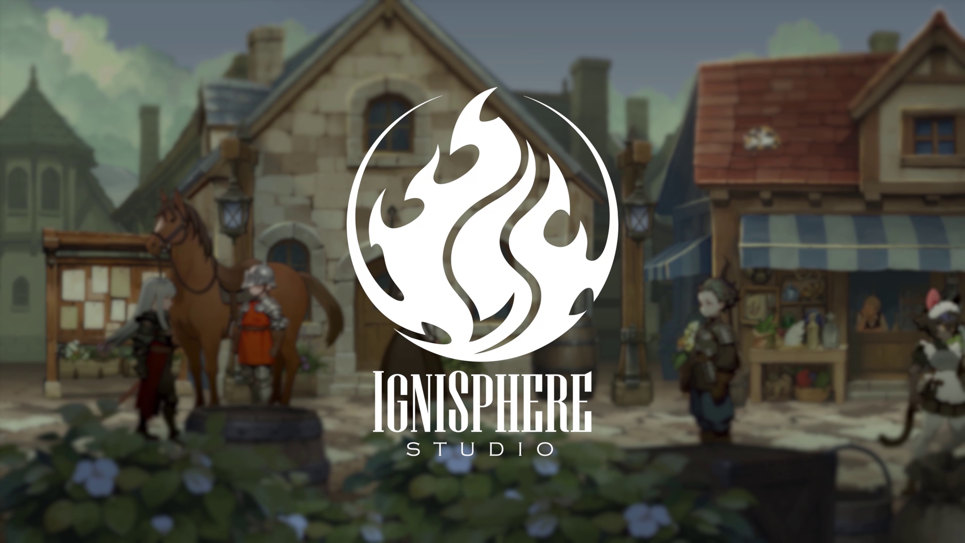 IGNISPHERE Studio flame logo over a blurred medieval fantasy town street from the DAWNGAZER announcement