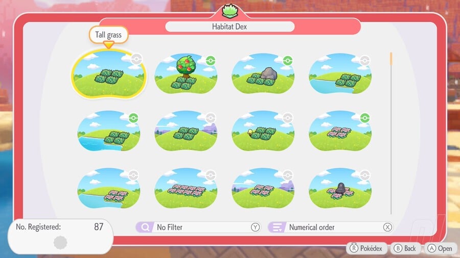 Habitat variations showing different grass and flower types in Pokemon Pokopia