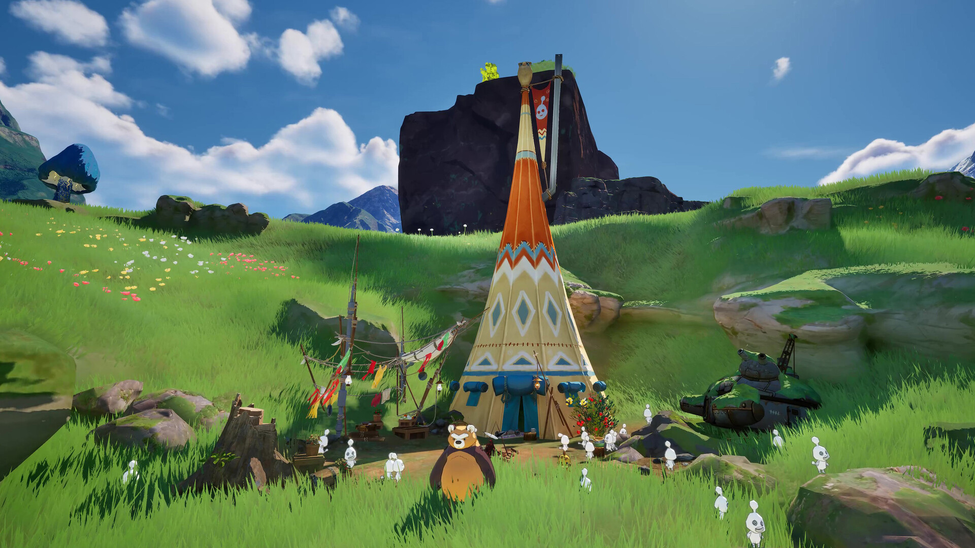 A sunny meadow with a tall painted tent-like structure, a bear-like creature and many small white creatures