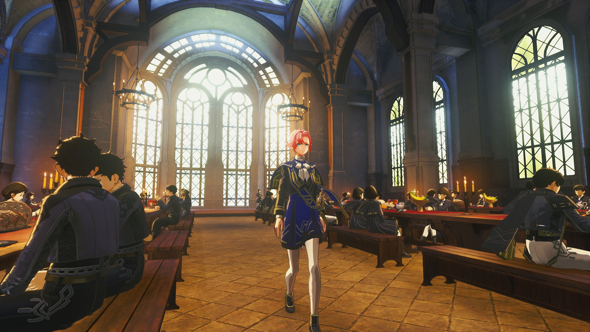 A hall inside the academy in Xenoblade Genesis, with uniformed students seated at long benches beneath tall arched windows