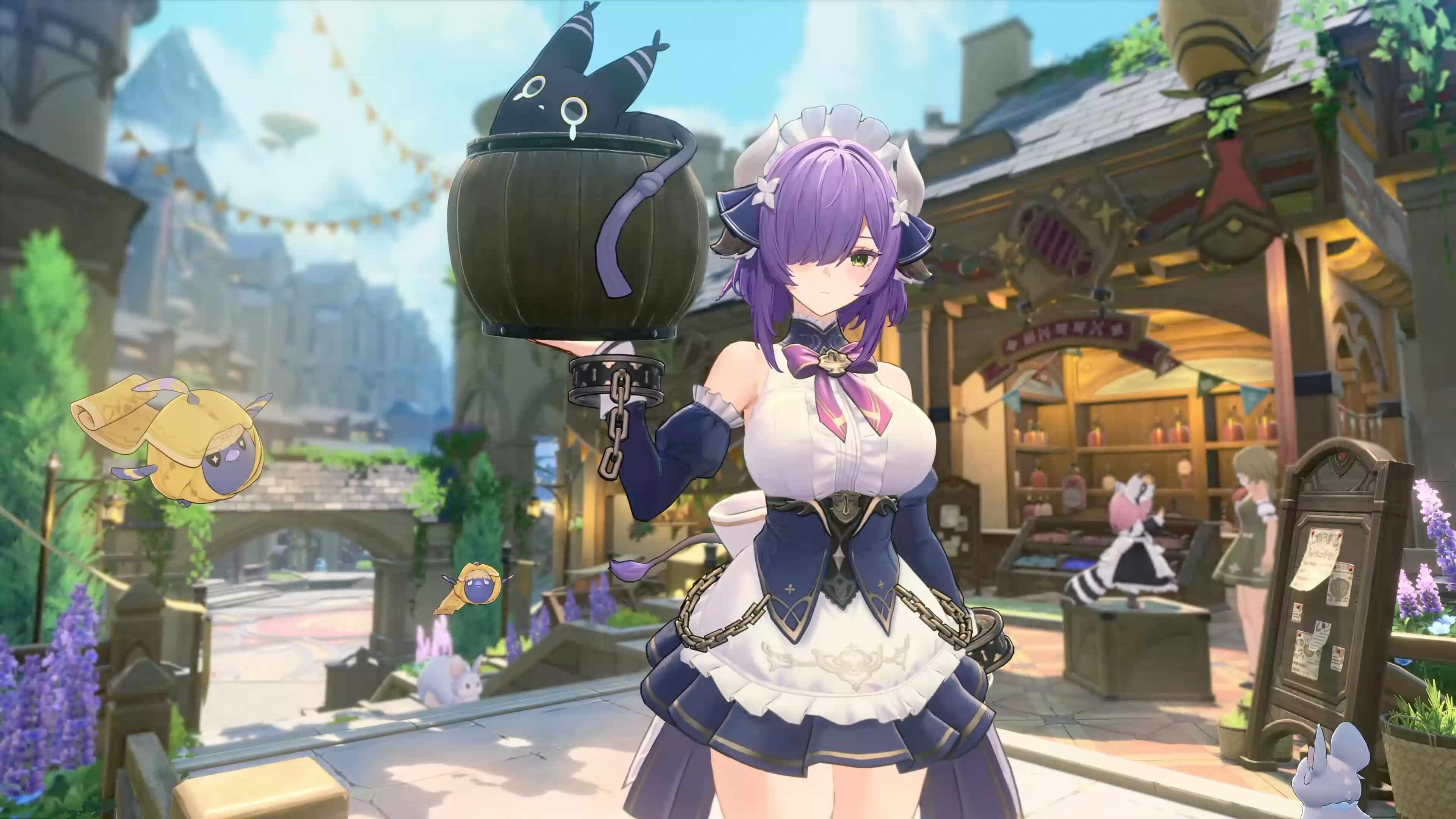 Official key art of a purple-haired maid holding up a barrel on a chain in a sunny town street, with small Kibo nearby
