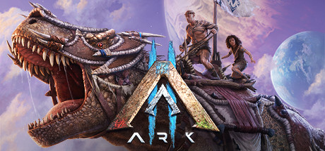 ARK 2 official Steam header key art - protagonist and primitive tribe against the alien landscape of Arat