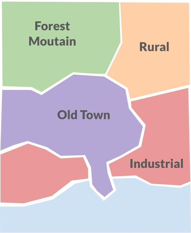 Paralives town district map showing color-coded neighborhoods and zones
