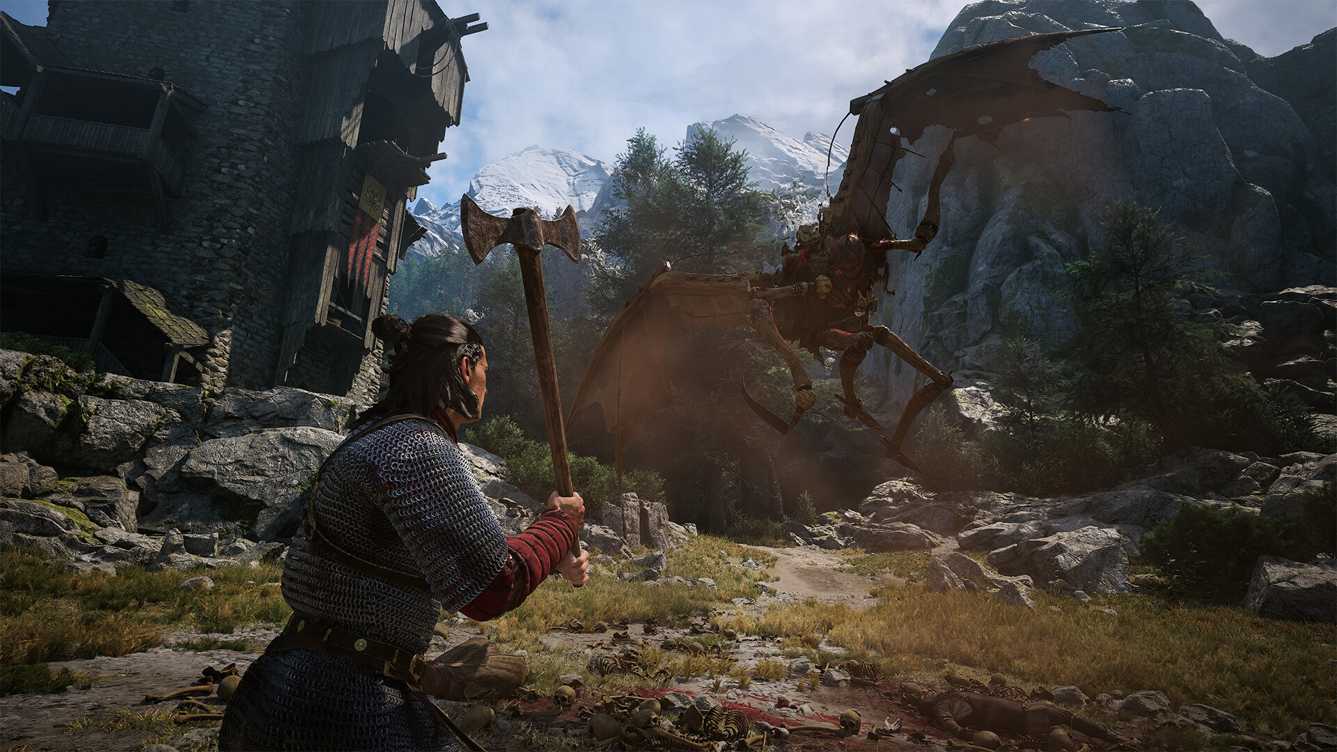 Daytime combat outside a ruined stone tower in Vale Sangora, with a two handed axe swung at a winged skeletal creature and snow capped peaks behind