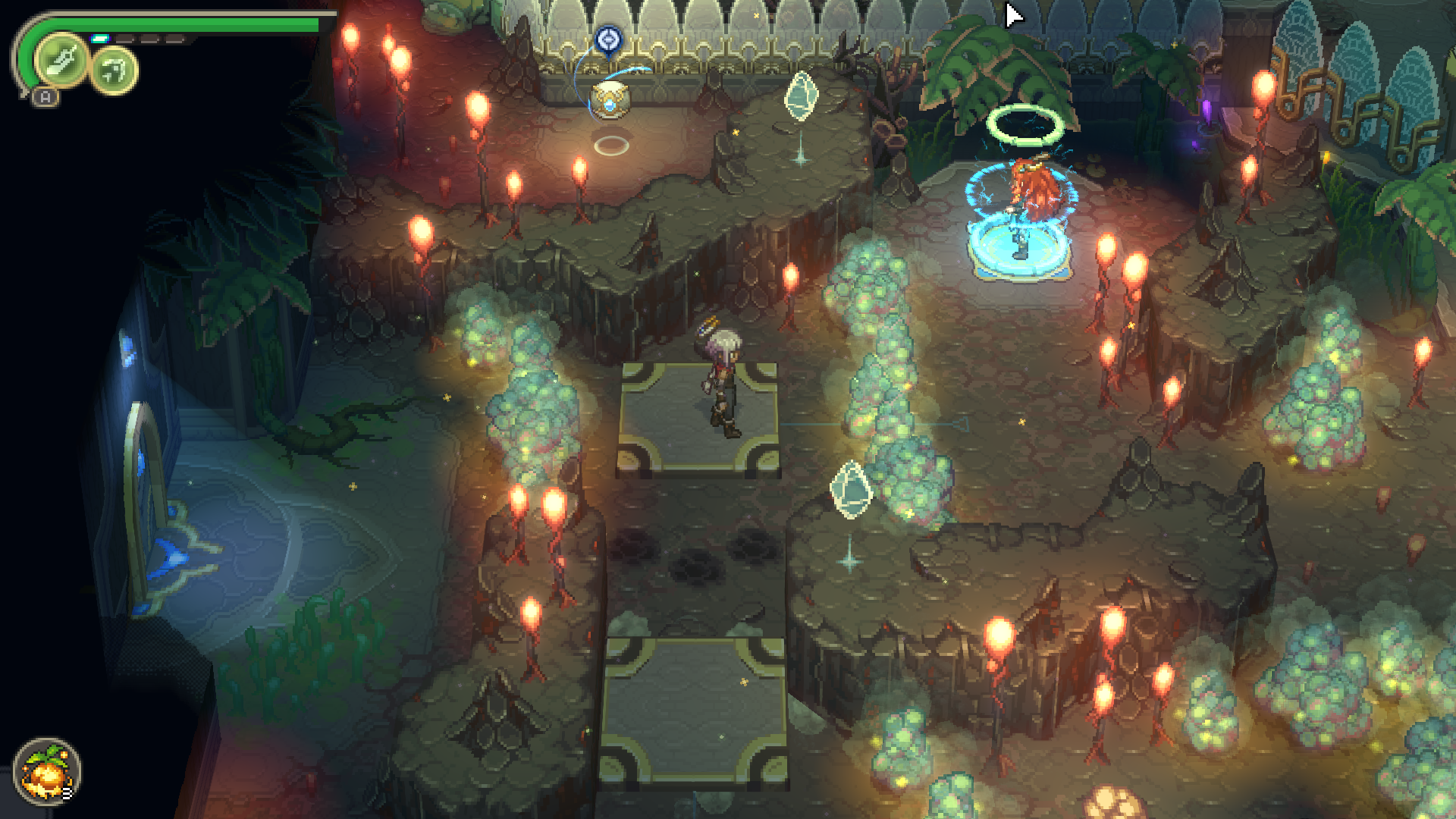 Interior of the Trial of Cryo, the second major dungeon, with stone pressure plates, red crystalline growths and teal spore plumes lining a stepped chamber