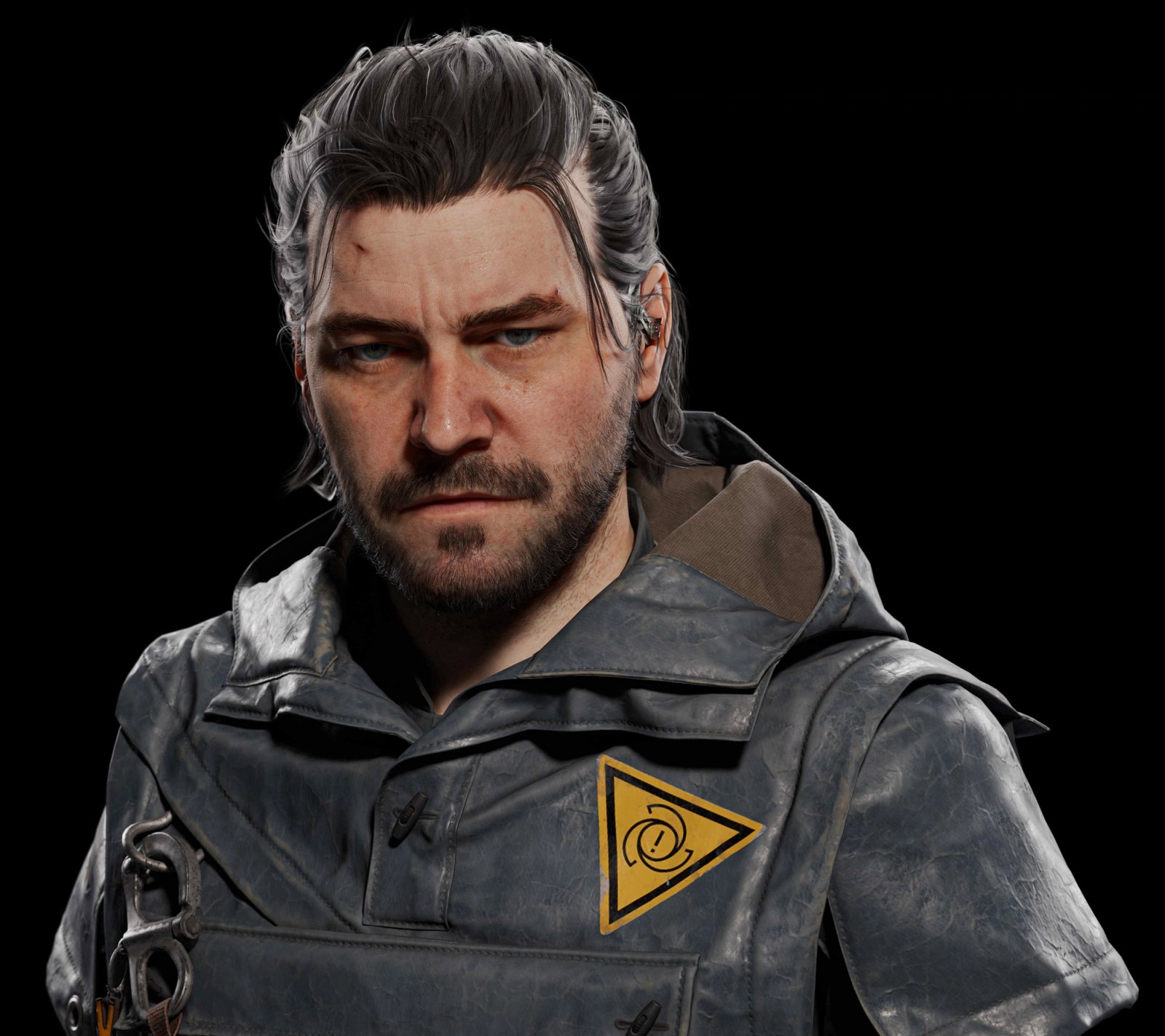 Official Control Resonant character portrait of Dylan Faden in his hooded field jacket with the triangular Bureau patch on the chest