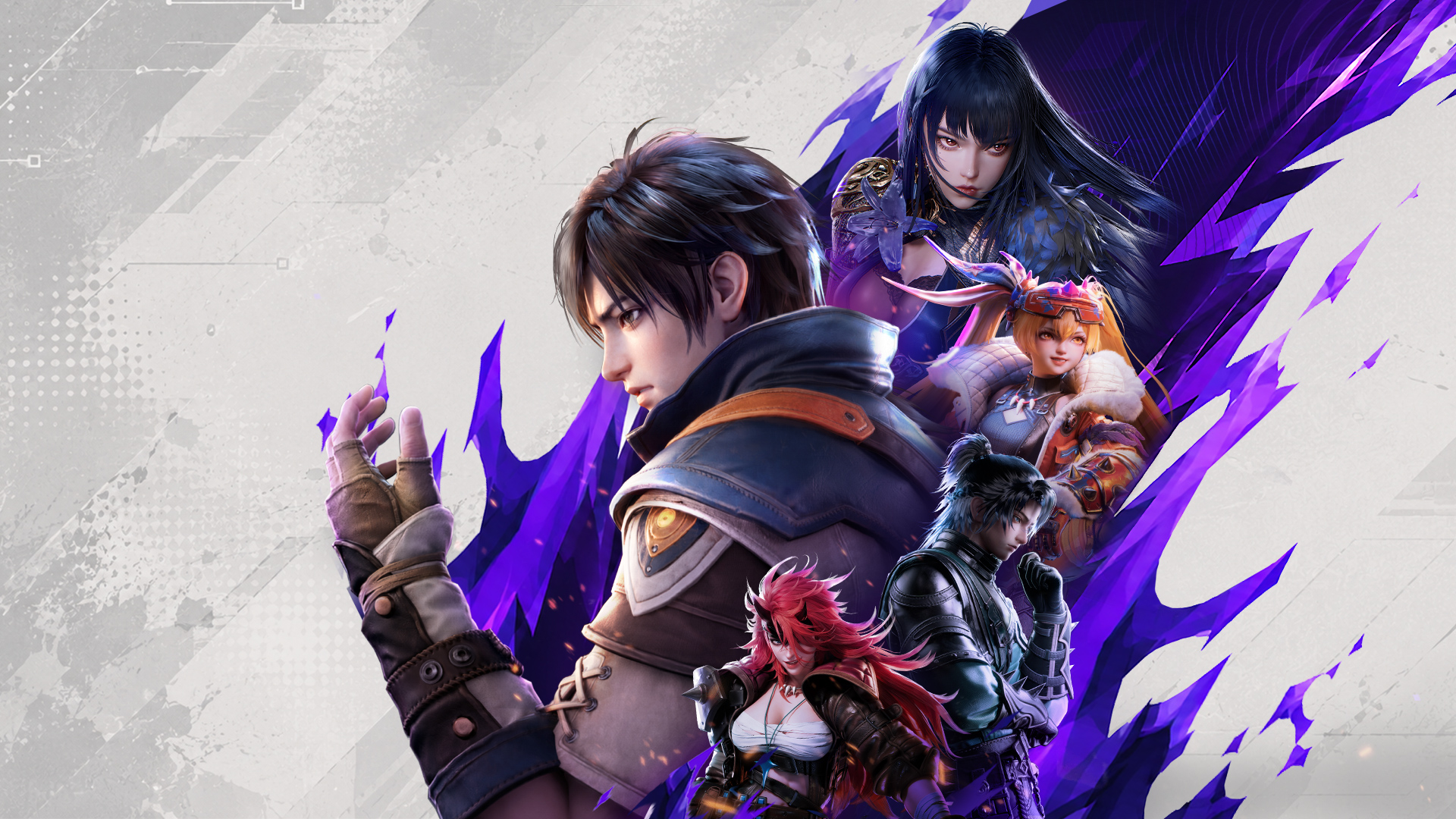 Official key art for Bringer: a brown haired young man in layered leather armour with an orange shoulder mantle raises one hand in the foreground, with four companions behind him on a field of purple crystal shards over a pale grey ground, a long haired woman with dark feathered plumage, a blonde girl with goggles and a fur lined hood, a red haired woman in studded leather, and a dark haired young man in black segmented armour
