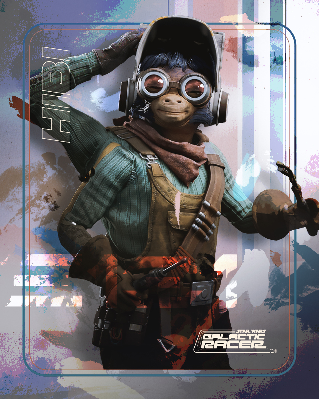 Official character art of Hibi, the Ardennian engineer, wearing a cap, round goggles and headphones, with a scarf, work harness and tool belt