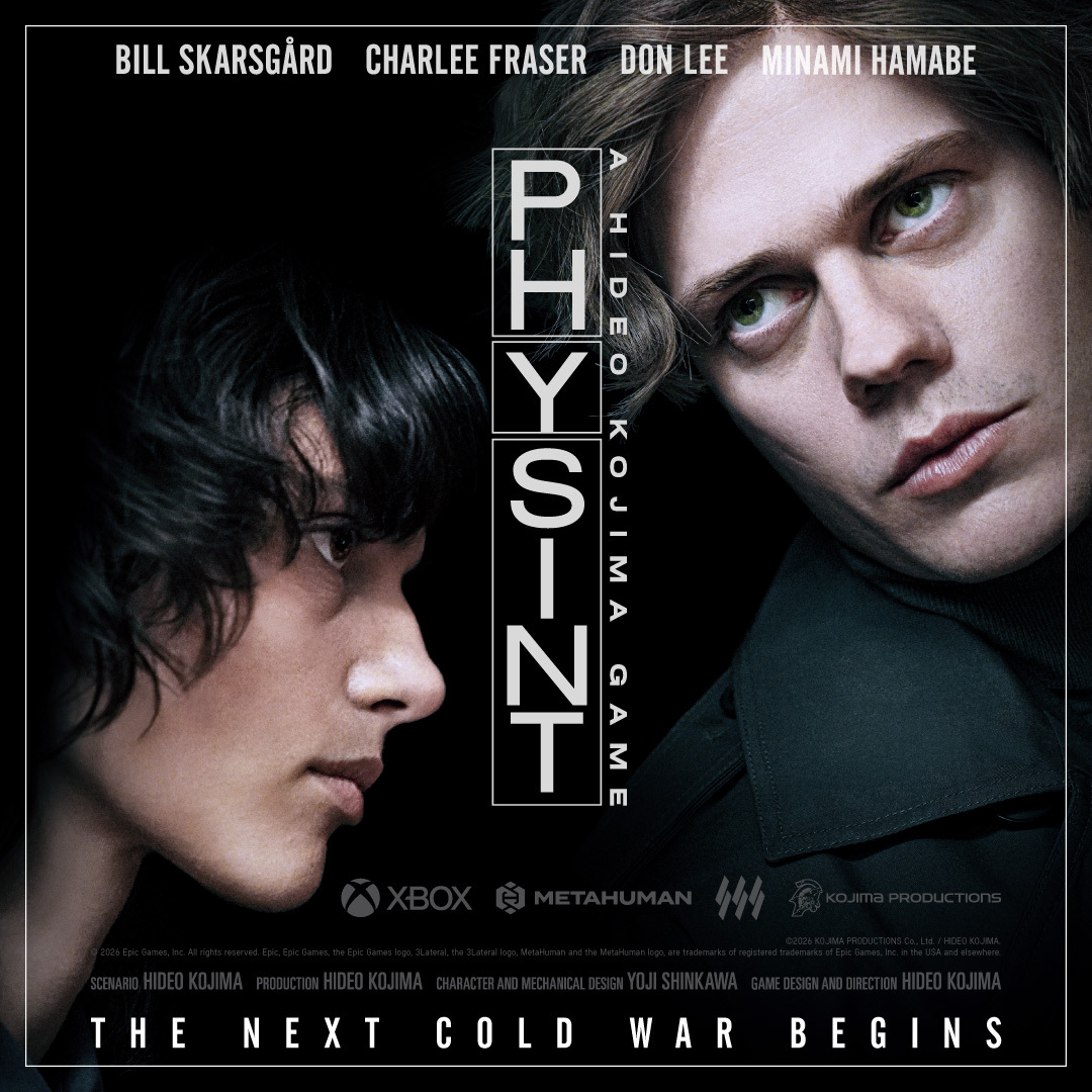 Official PHYSINT poster released 17 September 2026, a photograph of Bill Skarsgard and Charlee Fraser taken by Hideo Kojima, billing Skarsgard, Fraser, Don Lee and Minami Hamabe, with the tagline The next Cold War begins and a credits line naming Hideo Kojima and Yoji Shinkawa