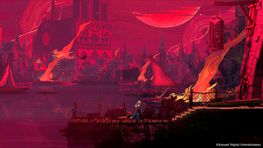 Rose stands beside the Seine beneath a red moon, with the burning cathedral and city behind her.
