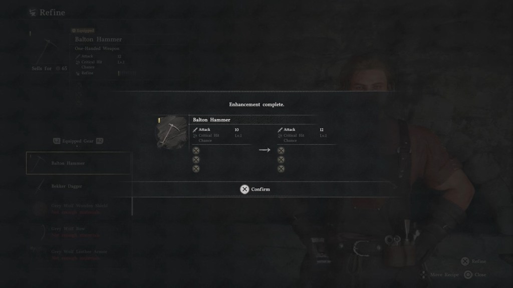 Weapon upgrade and refining interface at the blacksmith