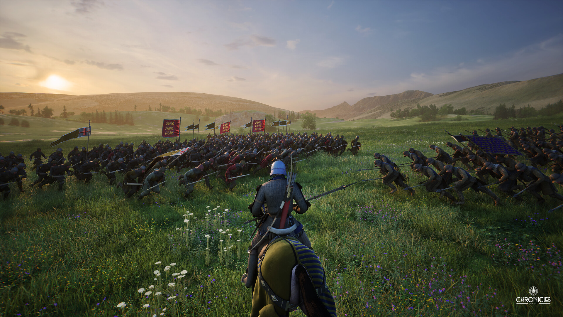 Two medieval armies clash on an open field at dawn while the player commands from horseback in Chronicles: Medieval