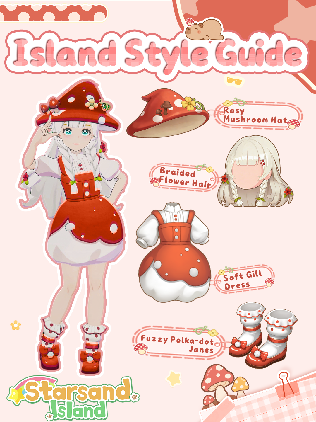 Official Starsand Island style guide art of the Mushroom Outfit: Rosy Mushroom Hat, Braided Flower Hair, Soft Gill Dress and Fuzzy Polka-dot Janes