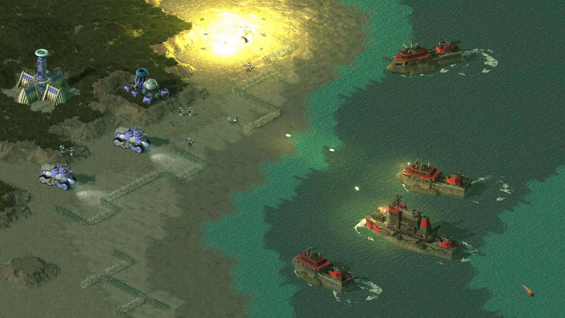 Naval vessels sailing along a coastline while light vehicles and a base structure hold the shore in D.O.R.F.