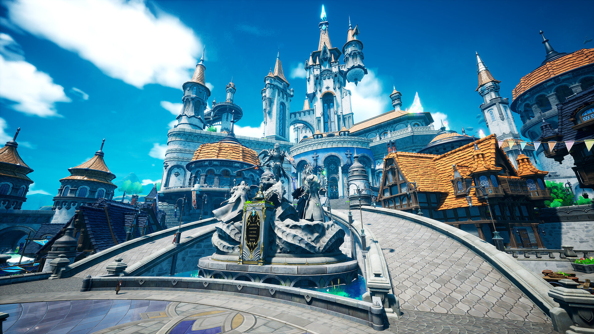 The castle town beneath Orbis Castle in DragonSword : Awakening, with a stone bridge, a monument to armoured figures, and the white-and-gold castle spires rising behind the rooftops