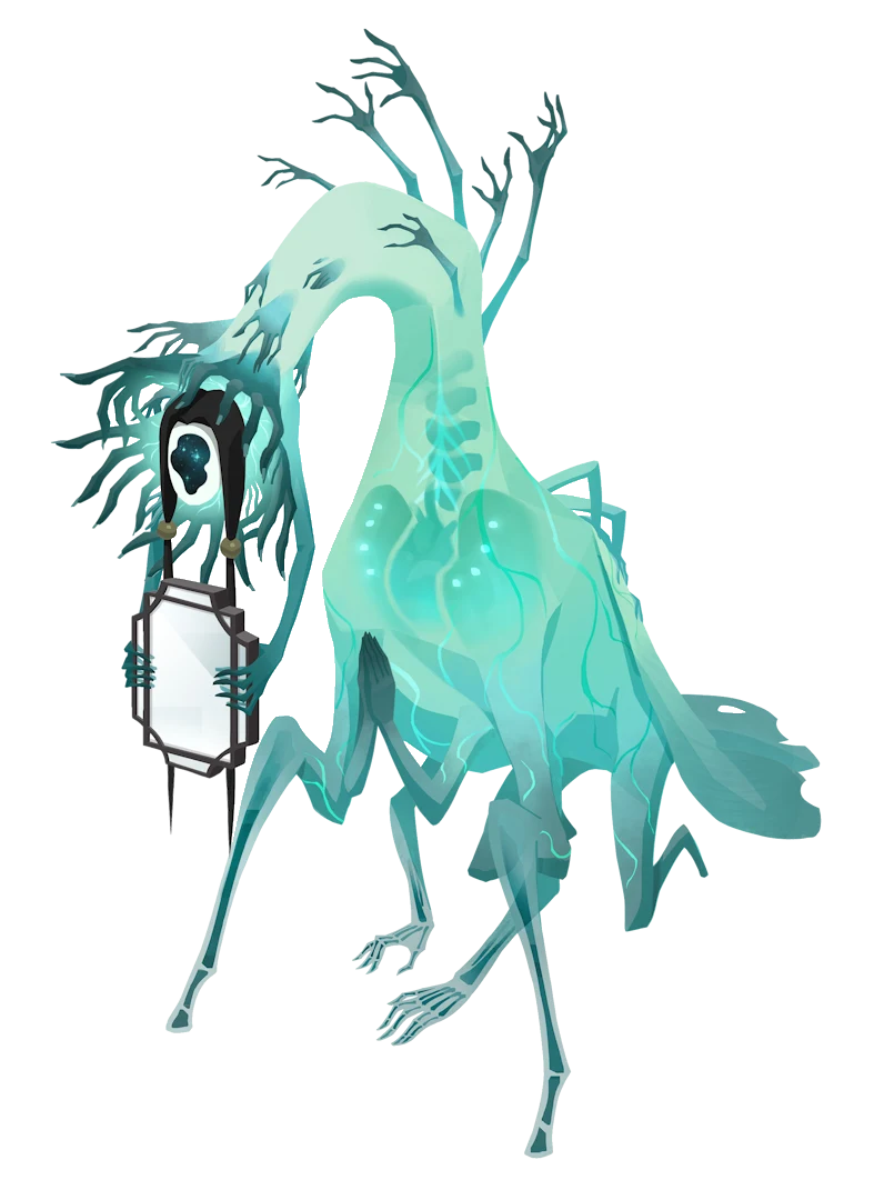 Official art of Arcanus, the Faceless, the Act 2 boss of Ember and Blade, a spindly teal wraith with an elongated featureless head carrying a framed mirror