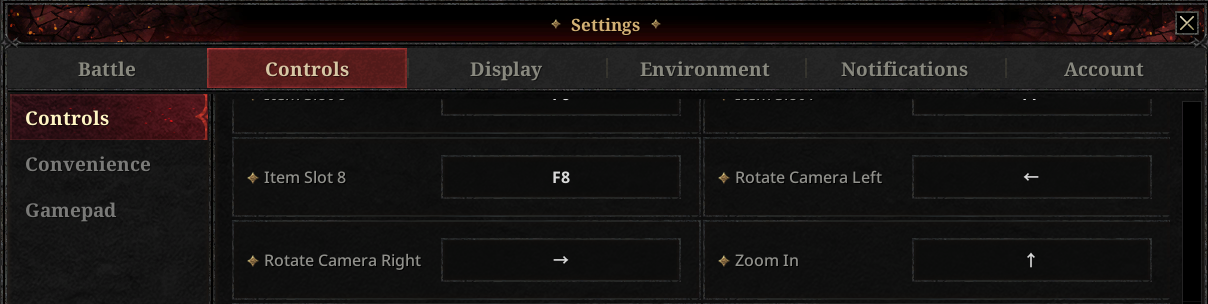 Camera rotation input options in Embers of the Uncrowned, showing the choice between mouse and keyboard