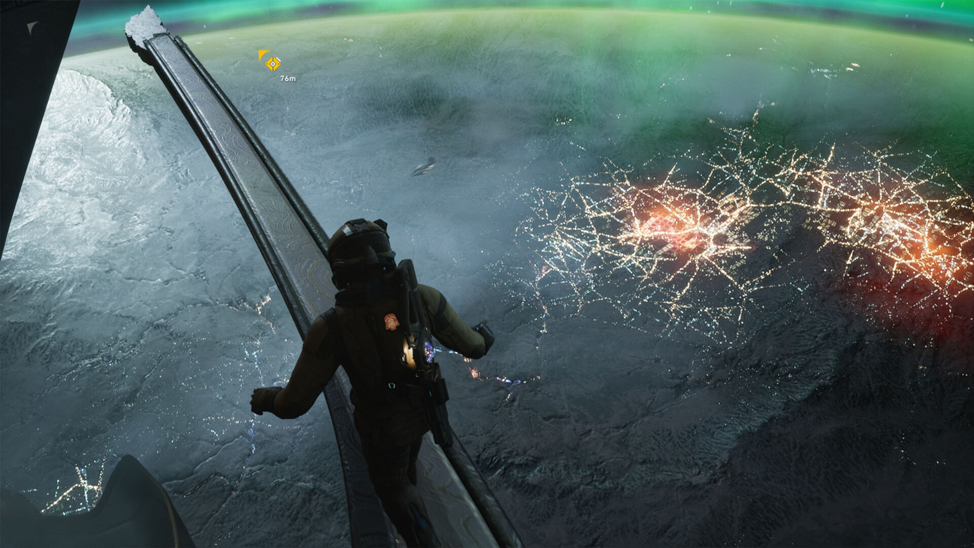 A Traveler standing on a ship's spar in low orbit above a night-side continent webbed with city lights, an objective marker showing seventy-six metres ahead